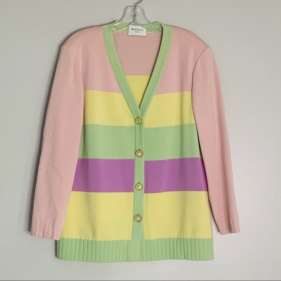 Vintage Stizzoli Pastel Stripe V Neck Wool knit Cardigan XL women’s - Picture 1 of 9